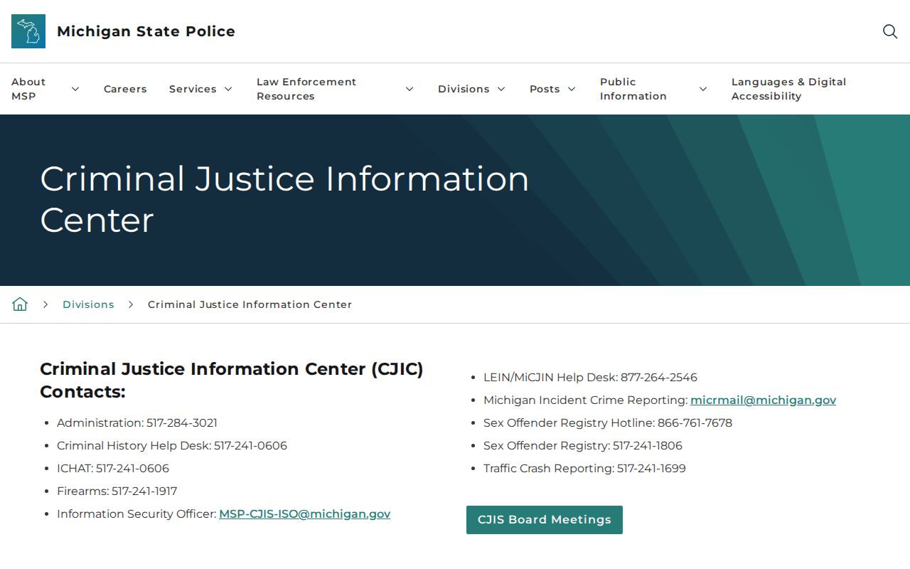 Michigan State Police CJIC services page for Dickinson County arrest record reporting