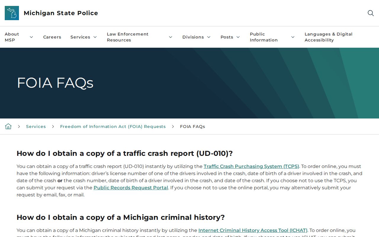 Michigan State Police records request guidance used for Dickinson County arrest history research