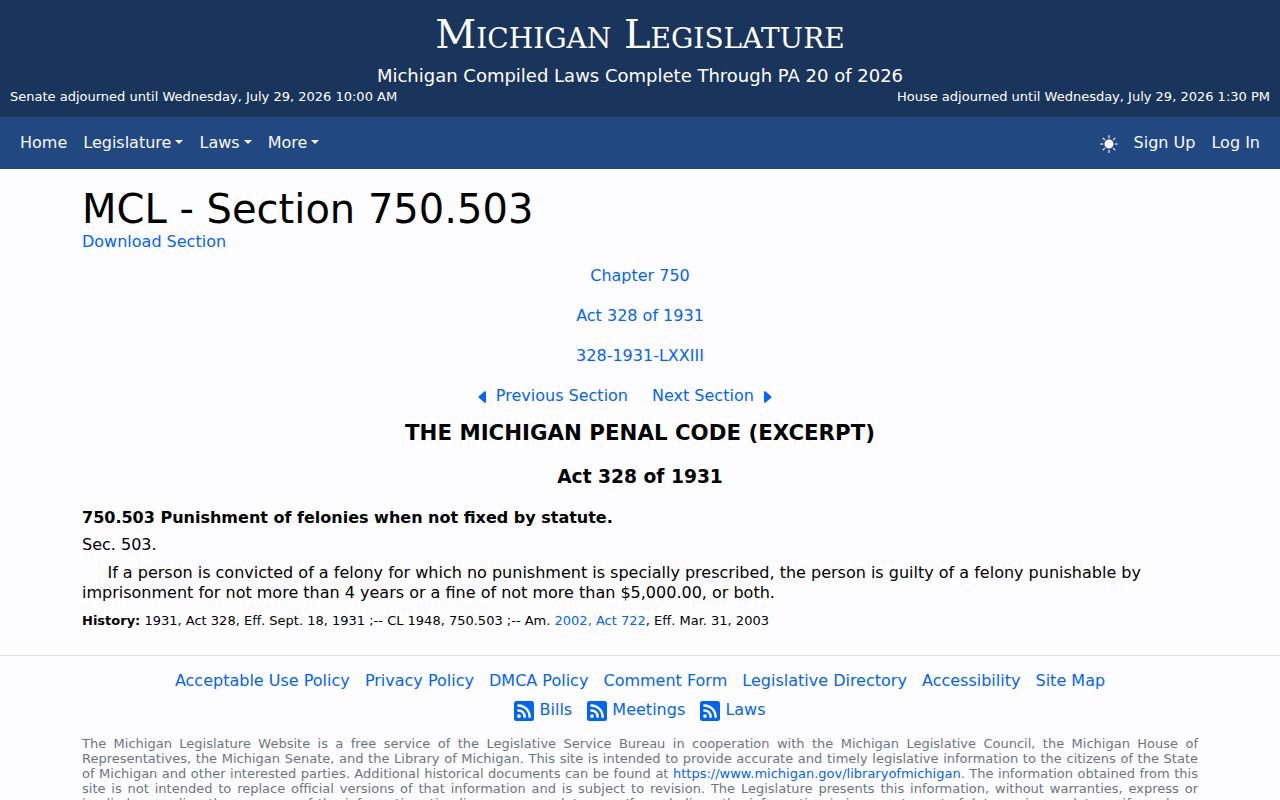 Michigan default felony penalty statute relevant to Dickinson County court files