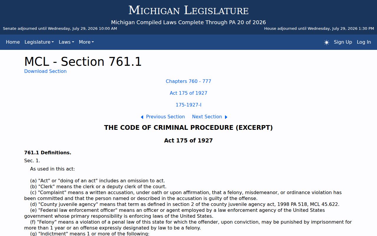 Michigan Legislature page defining felonies and misdemeanors for Dickinson County court cases