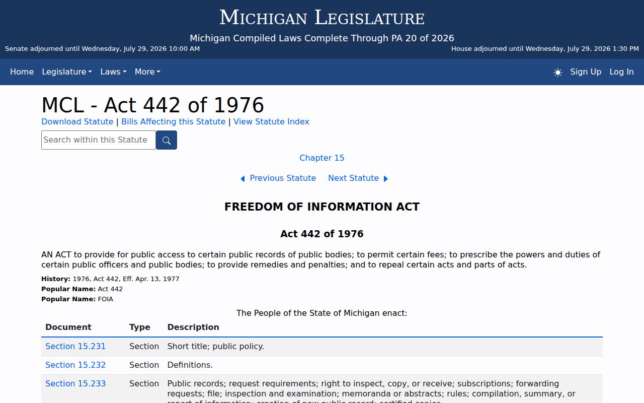 Michigan Freedom of Information Act page clarifying access outside Dickinson County court files