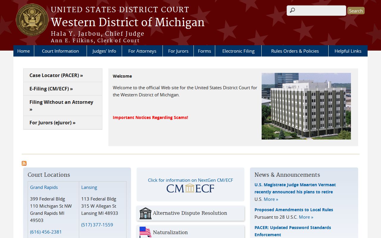 U.S. District Court for the Western District of Michigan website for federal Dickinson County cases