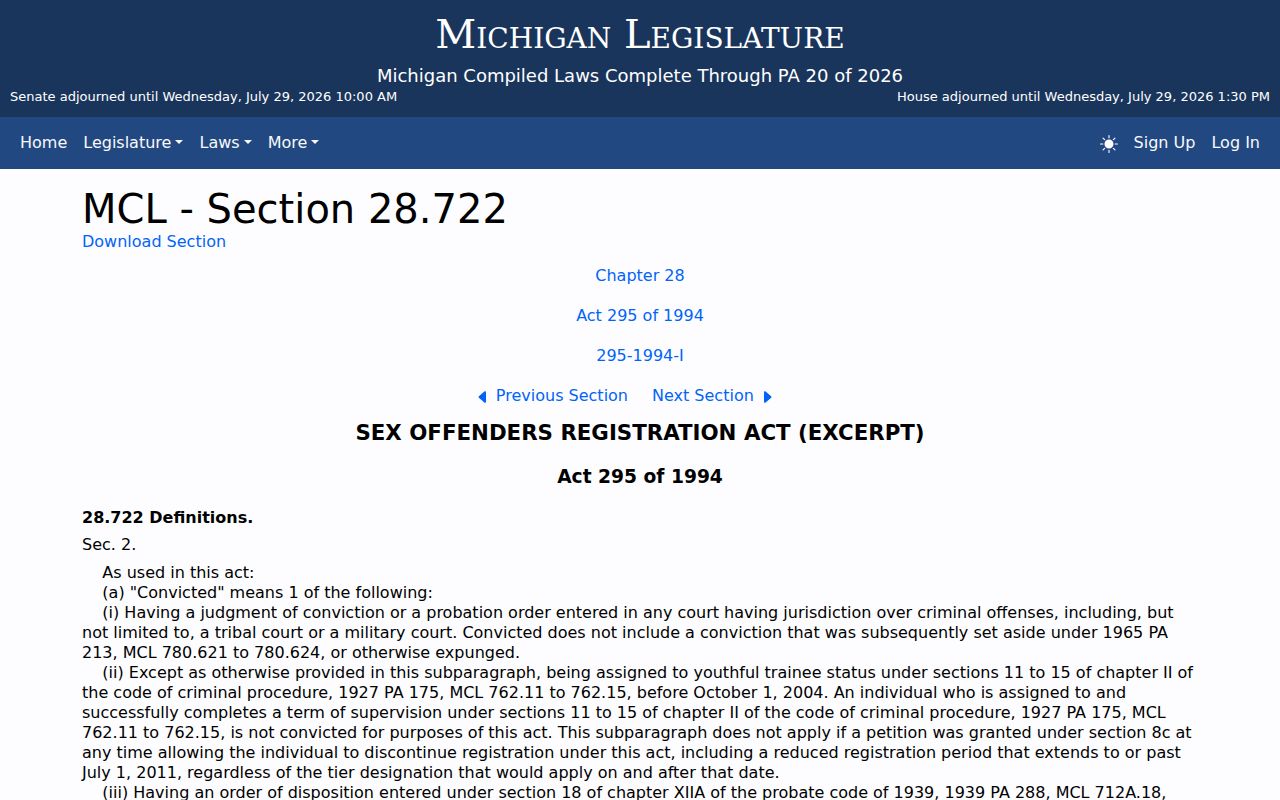 Dickinson County sex offender registry definitions and listed offenses under Michigan law