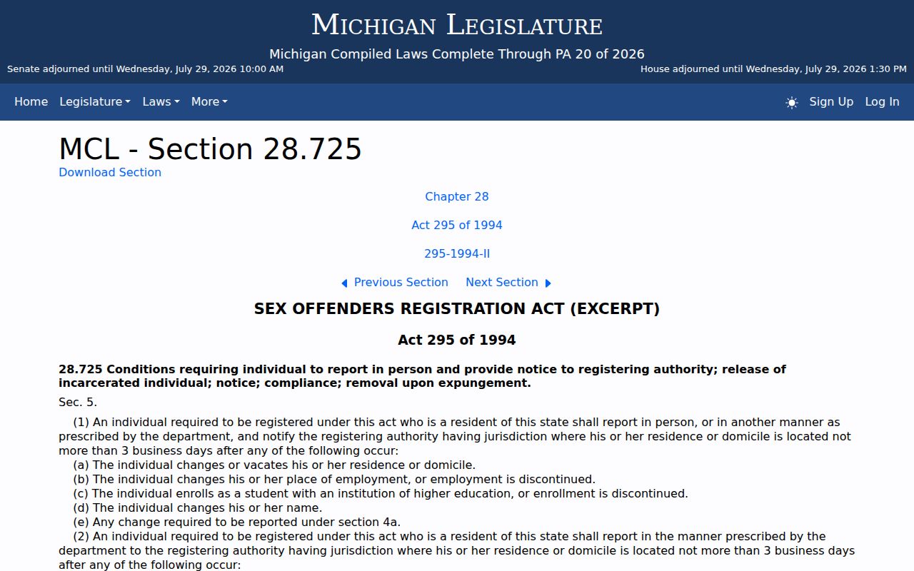 Dickinson County sex offender reporting and verification duties under Michigan law