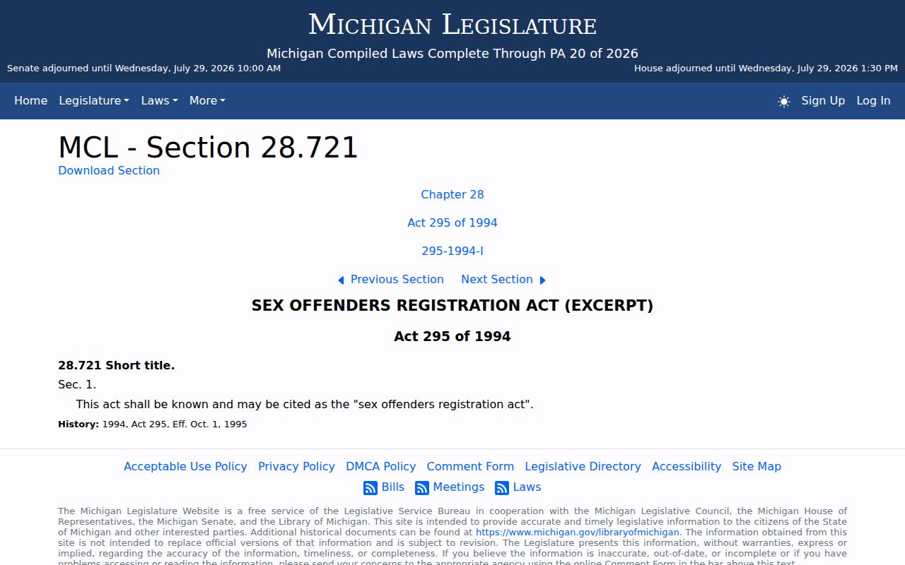 Dickinson County sex offender check and Michigan Sex Offenders Registration Act